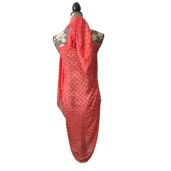 JCP Coral & White Polka Dot Viscose Wraparound Beach & Multi Purpose Wear Scarf - Picture 2 of 13